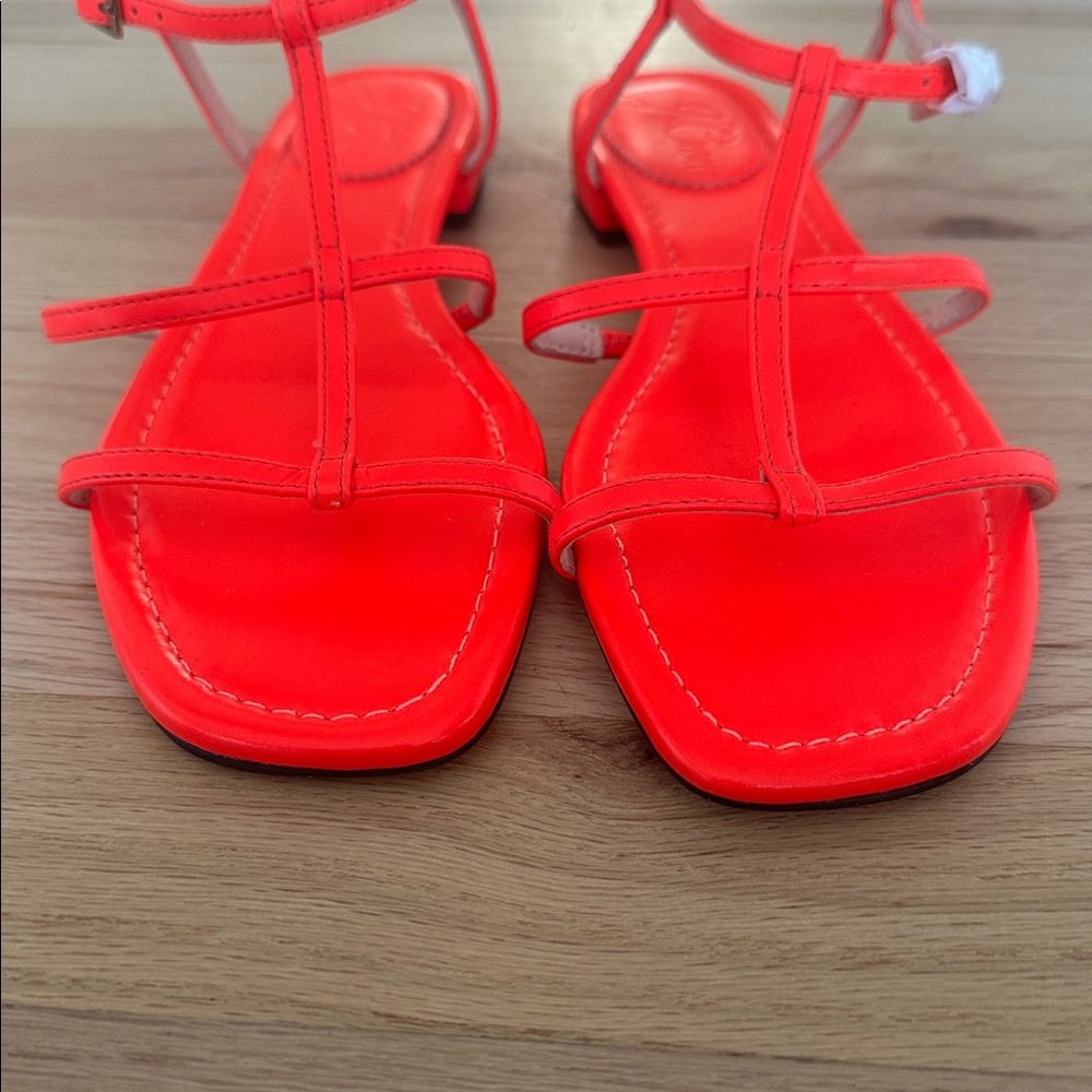 J. Crew Womens Abbie Flat T-Strap Leather Sandals Neon Poppy Size 7 NWOB Preppy - Picture 6 of 10